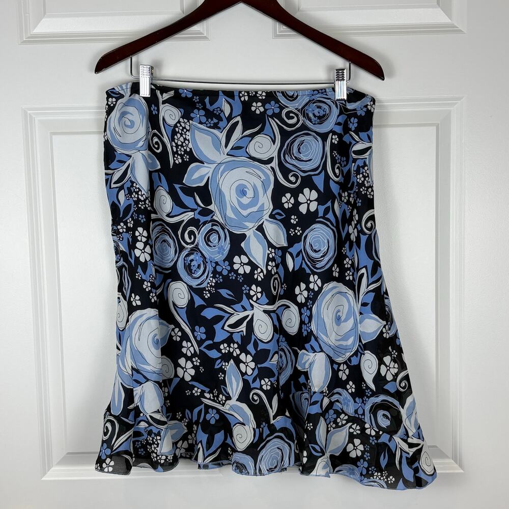 Worthington Blue and Black Floral Rose Skirt Ruffles Vintage 90s Whimsigoth 16